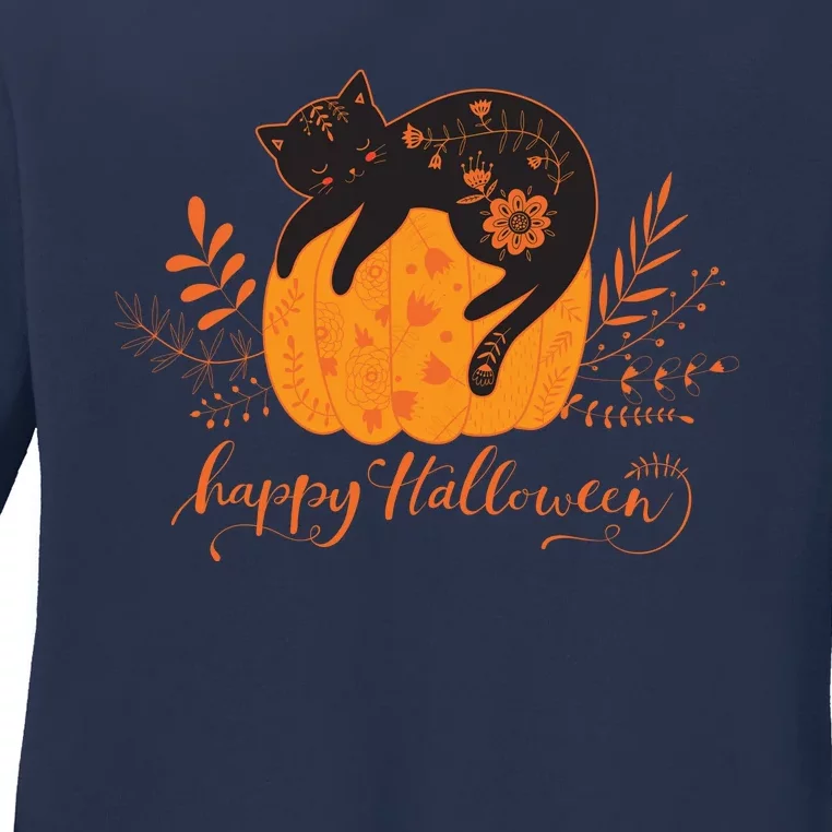 Cute Boho Halloween Black Cat Fall Pumpkin Ladies Long Sleeve Shirt