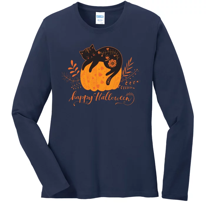 Cute Boho Halloween Black Cat Fall Pumpkin Ladies Long Sleeve Shirt