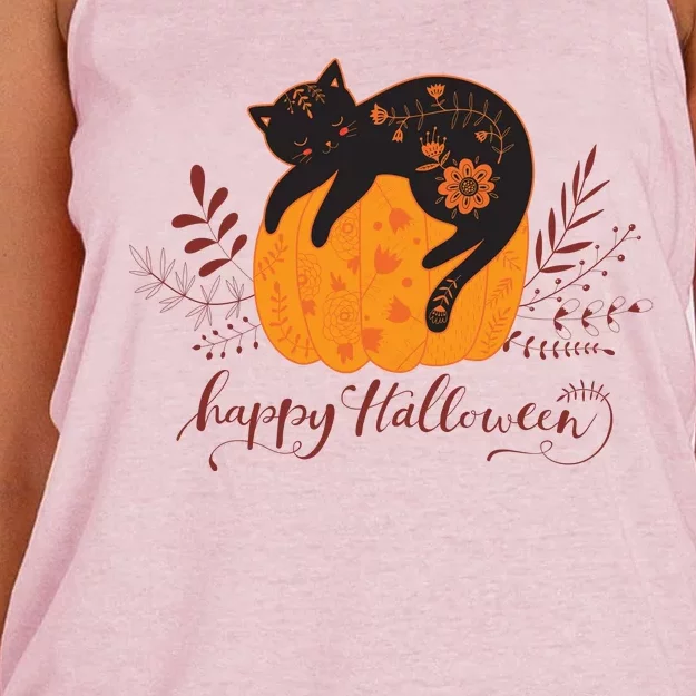 Cute Boho Halloween Black Cat Fall Pumpkin Women's Knotted Racerback Tank