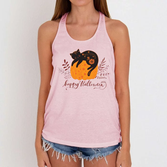 Cute Boho Halloween Black Cat Fall Pumpkin Women's Knotted Racerback Tank