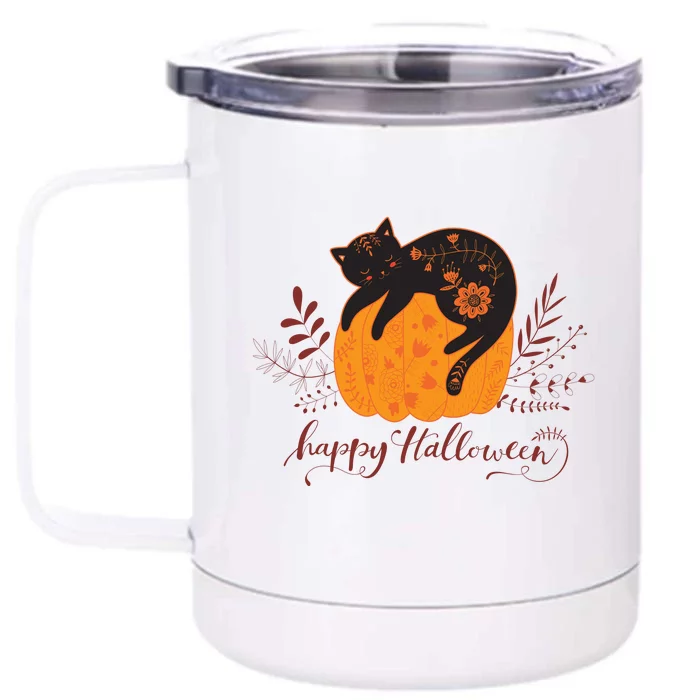 Cute Boho Halloween Black Cat Fall Pumpkin Front & Back 12oz Stainless Steel Tumbler Cup