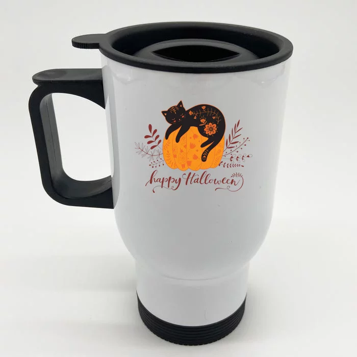 Cute Boho Halloween Black Cat Fall Pumpkin Front & Back Stainless Steel Travel Mug