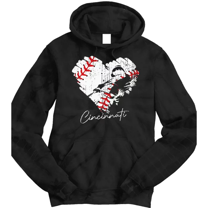 Cincinnati Baseball Heart Distressed Vintage Baseball Fans Tie Dye Hoodie