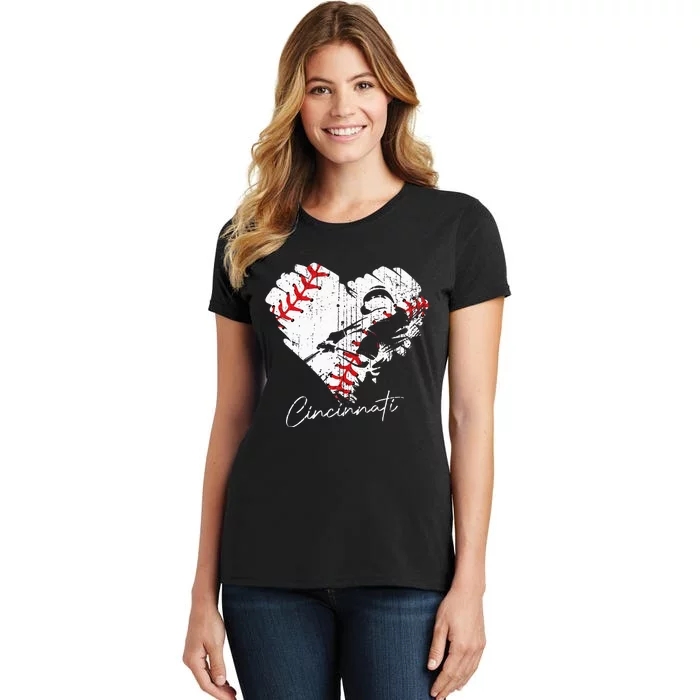 Cincinnati Baseball Heart Distressed Vintage Baseball Fans Women's T-Shirt