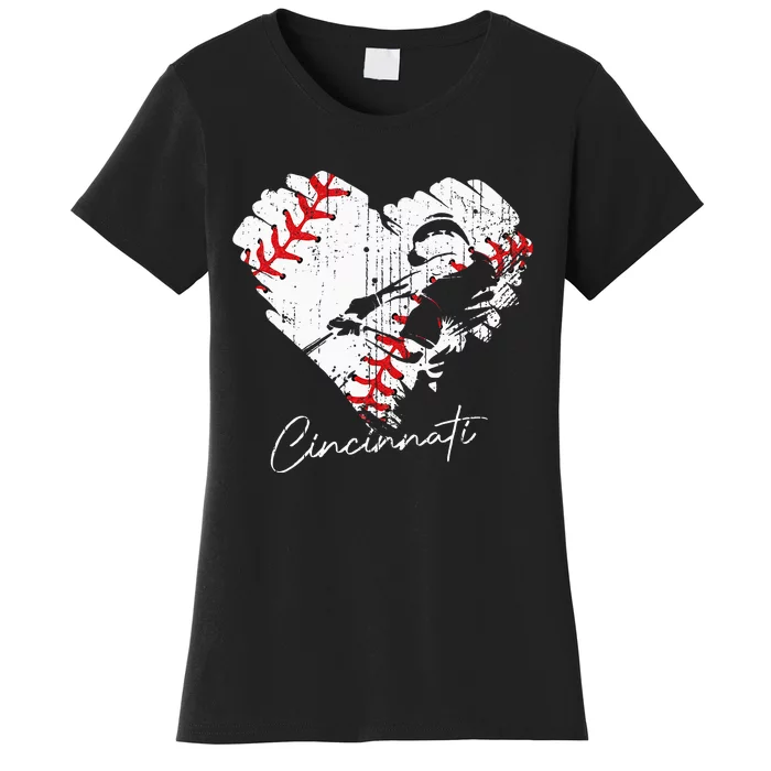 Cincinnati Baseball Heart Distressed Vintage Baseball Fans Women's T-Shirt