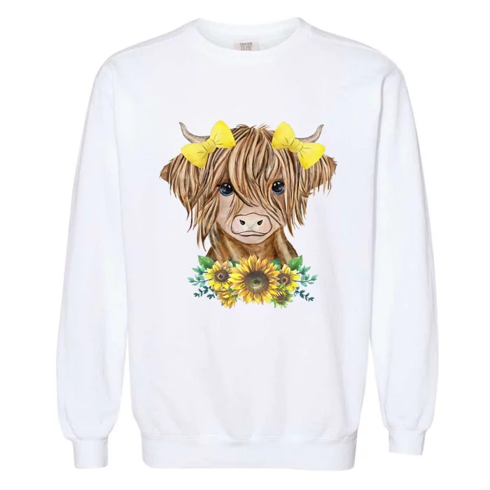 Cute Baby Highland Cow With Sunflowers Calf Animal Farm Garment-Dyed Sweatshirt