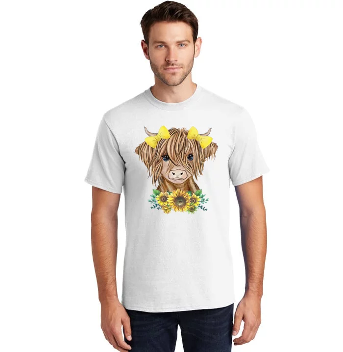 Cute Baby Highland Cow With Sunflowers Calf Animal Farm Tall T-Shirt