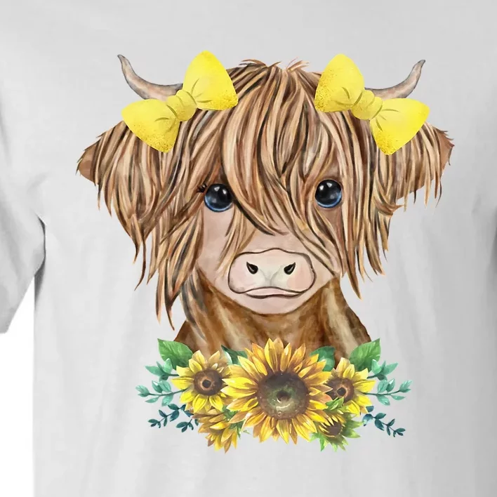 Cute Baby Highland Cow With Sunflowers Calf Animal Farm Tall T-Shirt