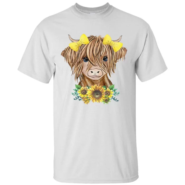 Cute Baby Highland Cow With Sunflowers Calf Animal Farm Tall T-Shirt