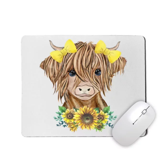 Cute Baby Highland Cow With Sunflowers Calf Animal Farm Mousepad