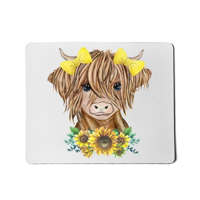 Cute Baby Highland Cow With Sunflowers Calf Animal Farm Mousepad