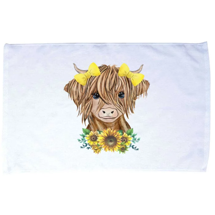 Cute Baby Highland Cow With Sunflowers Calf Animal Farm Microfiber Hand Towel