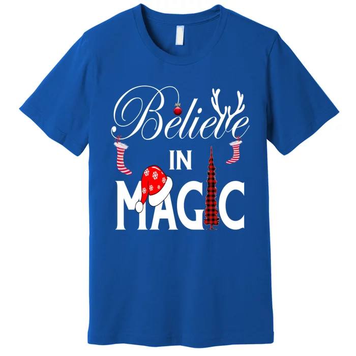 Casual Believe In Magic Of Christmas Tree Buffalo Plaid Gift Premium T-Shirt