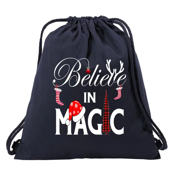 Casual Believe In Magic Of Christmas Tree Buffalo Plaid Gift Drawstring Bag