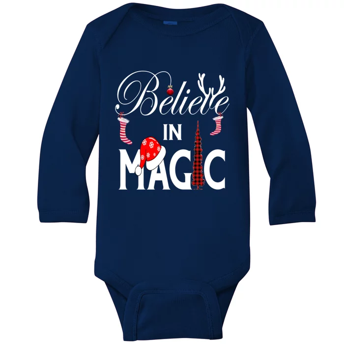 Casual Believe In Magic Of Christmas Tree Buffalo Plaid Gift Baby Long Sleeve Bodysuit