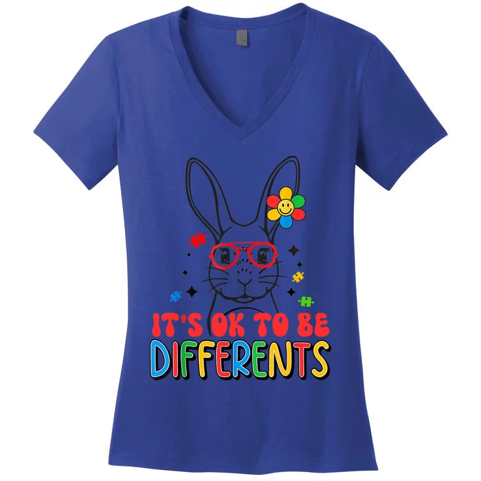 Cute Bunny It's Ok To Be Differents Autism Easter Great Gift Women's V-Neck T-Shirt