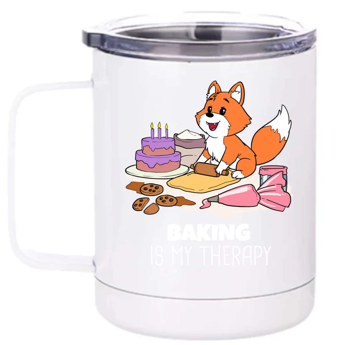 Cute Baking Is My Therapy Dough Confectioner Fox Icing Foxes Gift Front & Back 12oz Stainless Steel Tumbler Cup