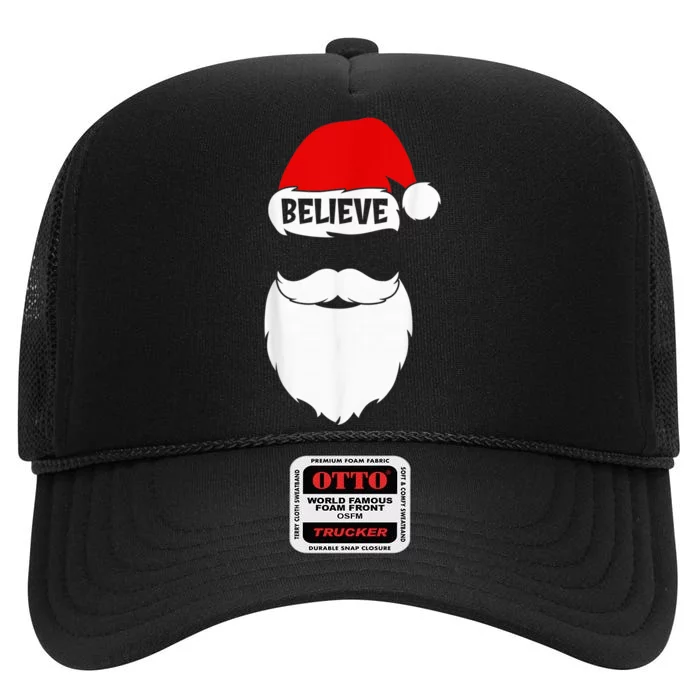 Christmas Believe in Santa Claus Believe Quote On Santa Hat High Crown Mesh Trucker Hat