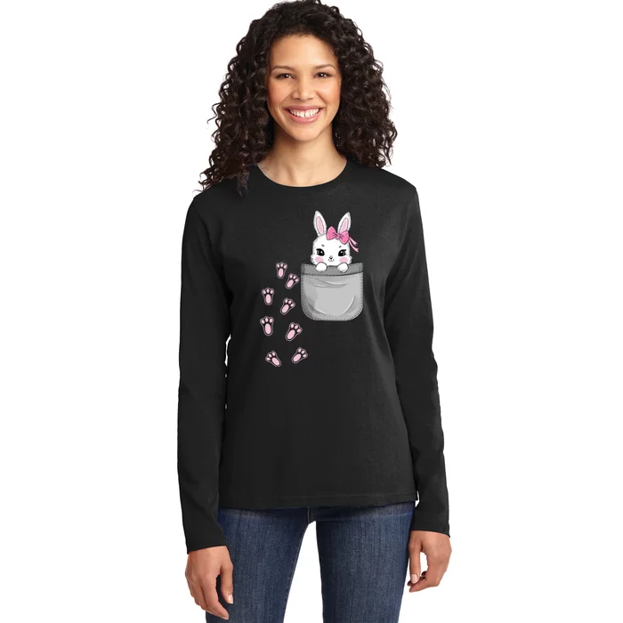 Cute Bunny In Pocket Easter Day Rabbit For Wo Girl Ladies Long Sleeve Shirt