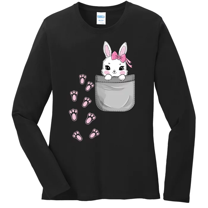 Cute Bunny In Pocket Easter Day Rabbit For Wo Girl Ladies Long Sleeve Shirt