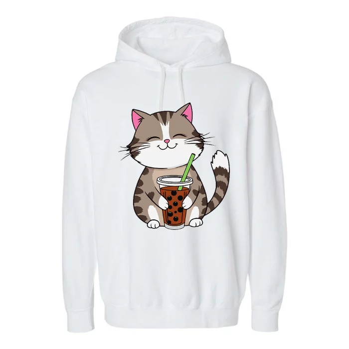 Cat Boba Japanese Kawaii Anime Kitty Bubble Tea Neko Teen Garment-Dyed Fleece Hoodie