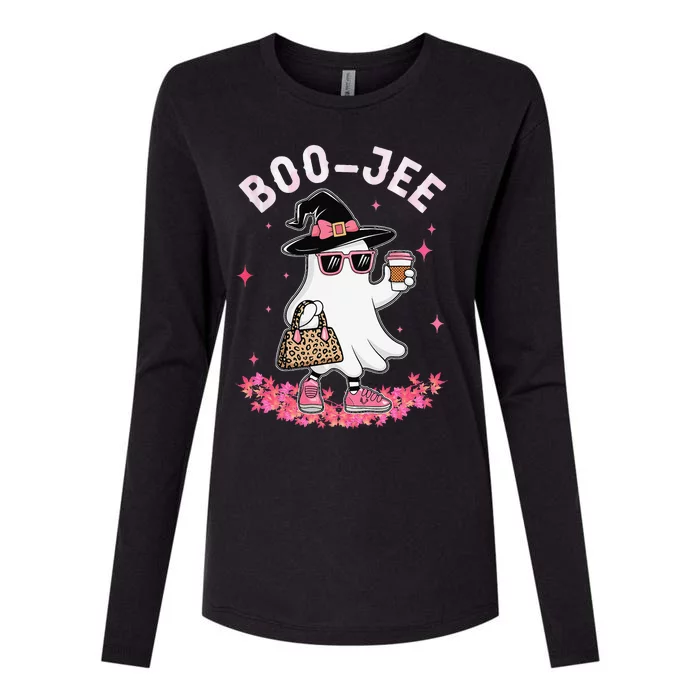 Cute Boo Jee Ghost Halloween Leopard Ghost Coffee Women Gift Womens Cotton Relaxed Long Sleeve T-Shirt