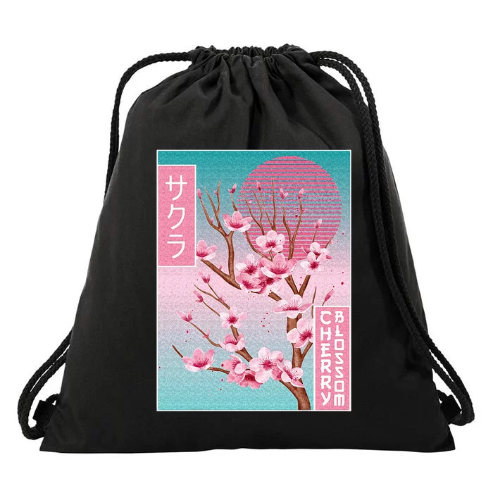 Cherry Blossom Japanese Sakura Vaporwave Aesthetic Drawstring Bag