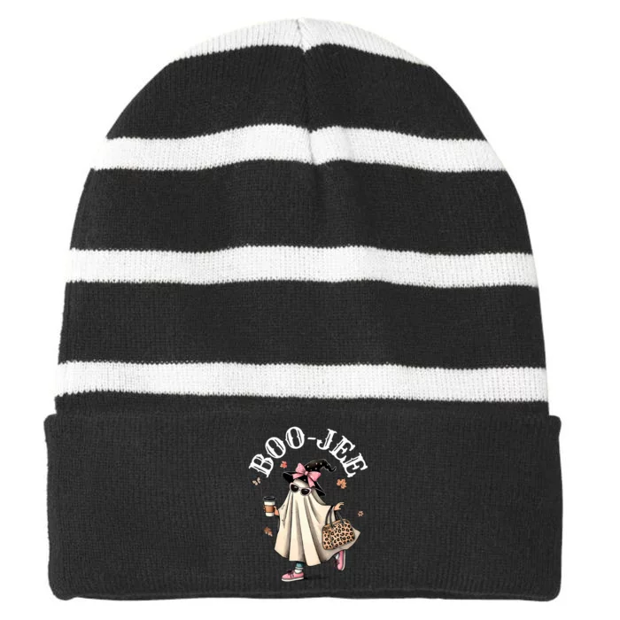 Cute Boo Jee Ghost Halloween Leopard Ghost Coffee Striped Beanie with Solid Band