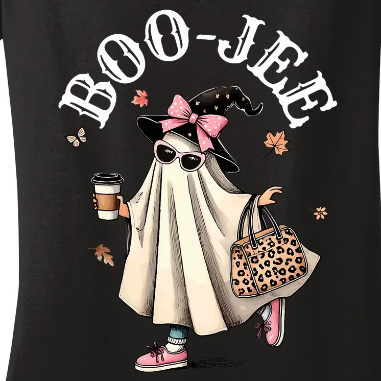 Cute Boo Jee Ghost Halloween Leopard Ghost Coffee Women's V-Neck T-Shirt