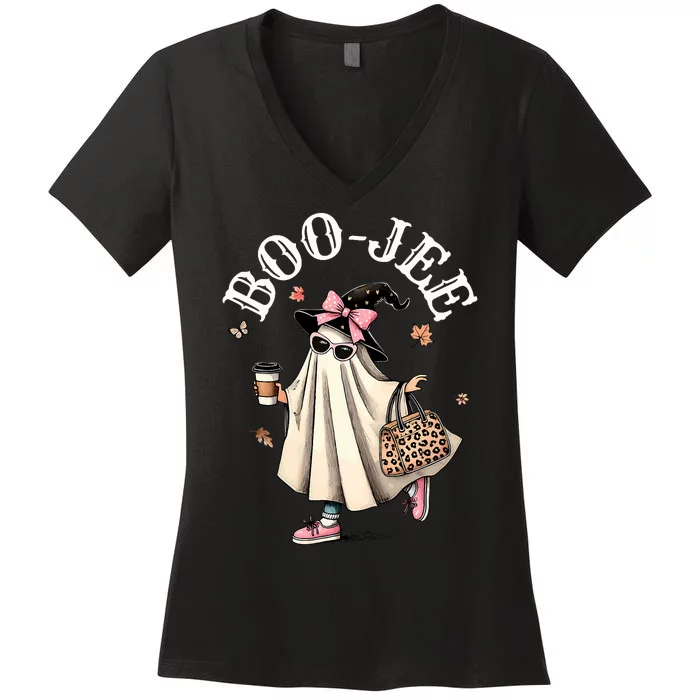 Cute Boo Jee Ghost Halloween Leopard Ghost Coffee Women's V-Neck T-Shirt