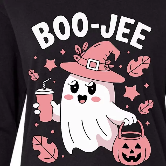 Cute Boo Jee Ghost Halloween Leopard Ghost Coffee Girl Womens Cotton Relaxed Long Sleeve T-Shirt