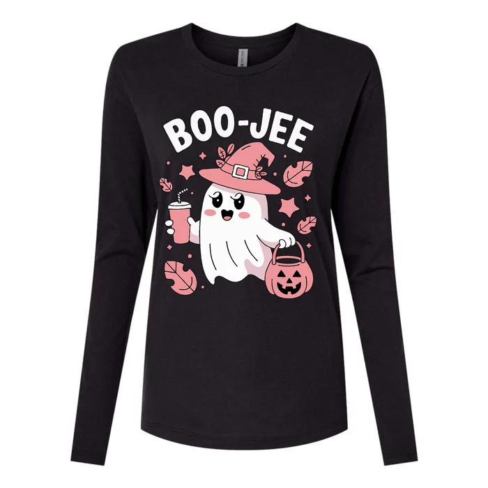 Cute Boo Jee Ghost Halloween Leopard Ghost Coffee Girl Womens Cotton Relaxed Long Sleeve T-Shirt