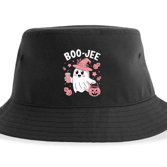 Cute Boo Jee Ghost Halloween Leopard Ghost Coffee Girl Sustainable Bucket Hat