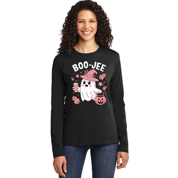 Cute Boo Jee Ghost Halloween Leopard Ghost Coffee Girl Ladies Long Sleeve Shirt