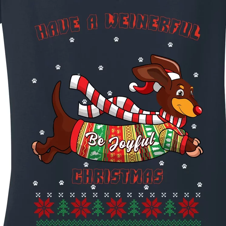 Cute Be Joyful Santa Dachshund Lovers Weiner Dog Women's V-Neck T-Shirt