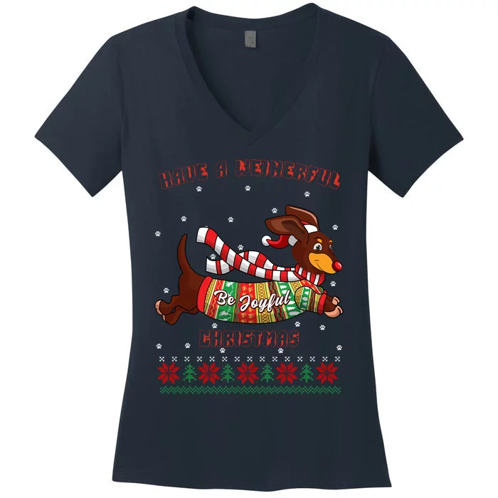 Cute Be Joyful Santa Dachshund Lovers Weiner Dog Women's V-Neck T-Shirt