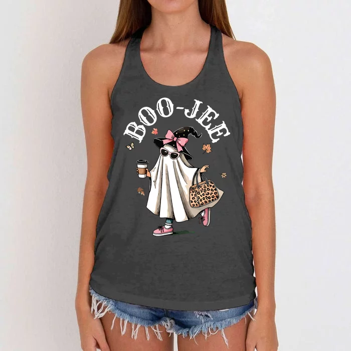 Cute Boo Jee Ghost Halloween Leopard Ghost Coffee Women Women's Knotted Racerback Tank