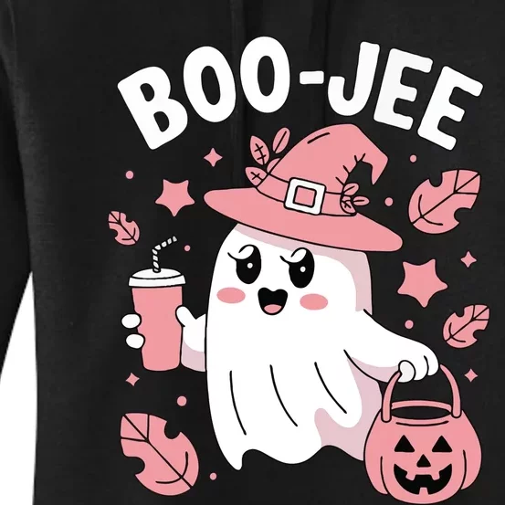 Cute Boo Jee Ghost Halloween Leopard Ghost Coffee Girl Women's Pullover Hoodie