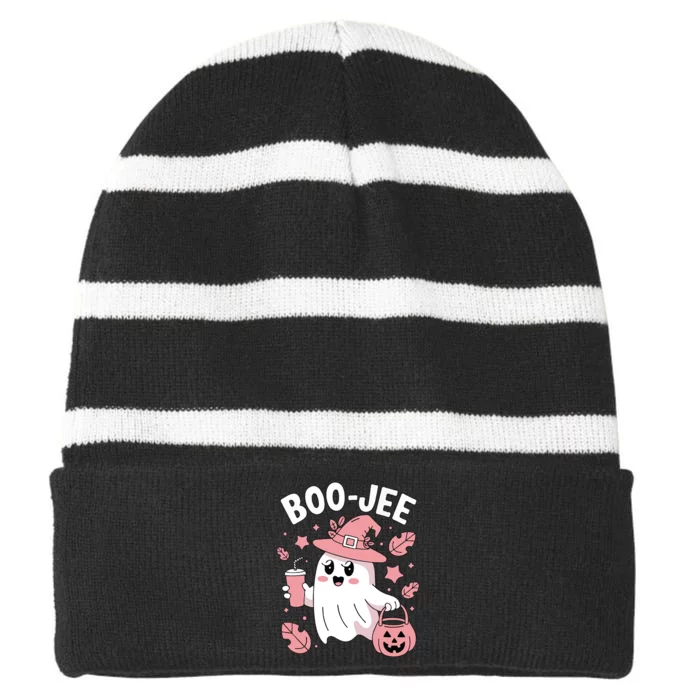 Cute Boo Jee Ghost Halloween Leopard Ghost Coffee Girl Striped Beanie with Solid Band