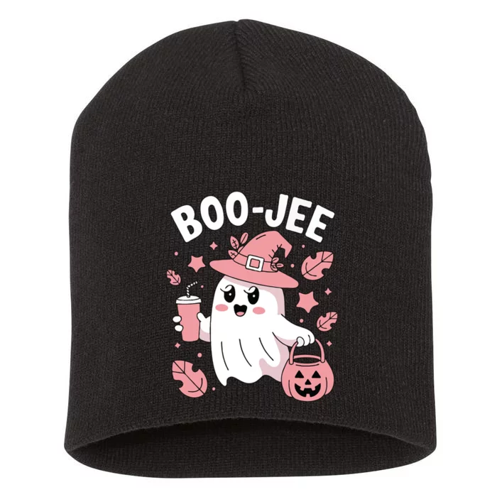 Cute Boo Jee Ghost Halloween Leopard Ghost Coffee Girl Short Acrylic Beanie