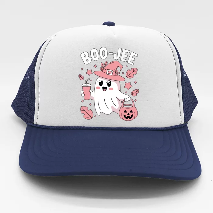 Cute Boo Jee Ghost Halloween Leopard Ghost Coffee Girl Trucker Hat