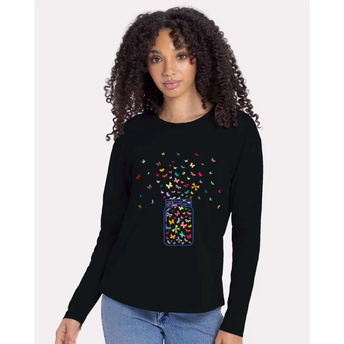 Colorful Butterfly Jar Cute Butterfly Art Design Womens Cotton Relaxed Long Sleeve T-Shirt