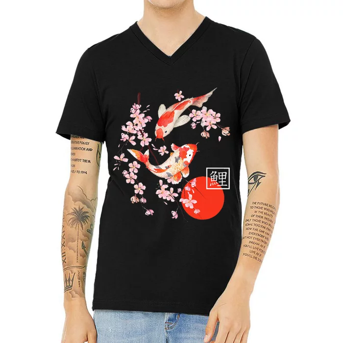 Cherry Blossom Koi Carp Fish Japanese Sakura Graphic Art V-Neck T-Shirt