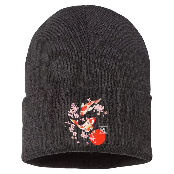 Cherry Blossom Koi Carp Fish Japanese Sakura Graphic Art Sustainable Knit Beanie