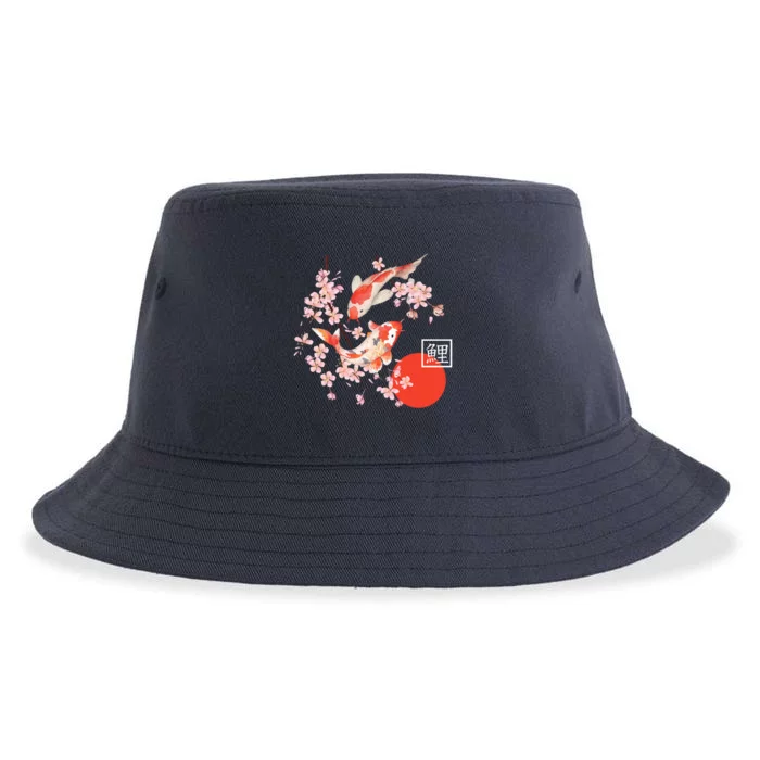 Cherry Blossom Koi Carp Fish Japanese Sakura Graphic Art Sustainable Bucket Hat