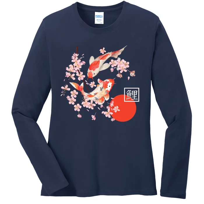 Cherry Blossom Koi Carp Fish Japanese Sakura Graphic Art Ladies Long Sleeve Shirt