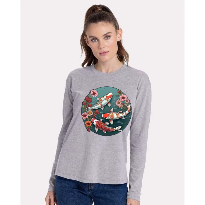 Cherry Blossom Koi Fish Japanese Womens Cotton Relaxed Long Sleeve T-Shirt