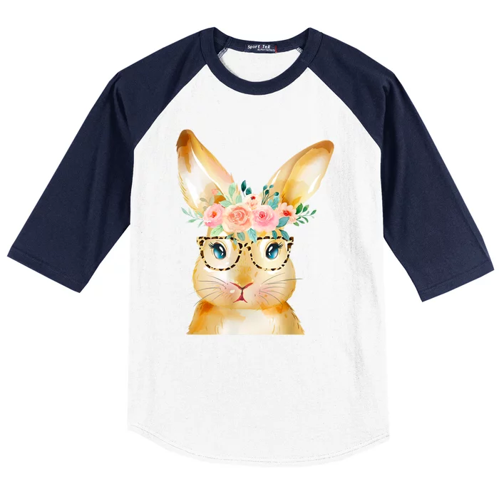 Cute Bunny Leopard Sunglasses Flowers Easter Day Baseball Sleeve Shirt