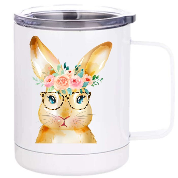 Cute Bunny Leopard Sunglasses Flowers Easter Day Front & Back 12oz Stainless Steel Tumbler Cup