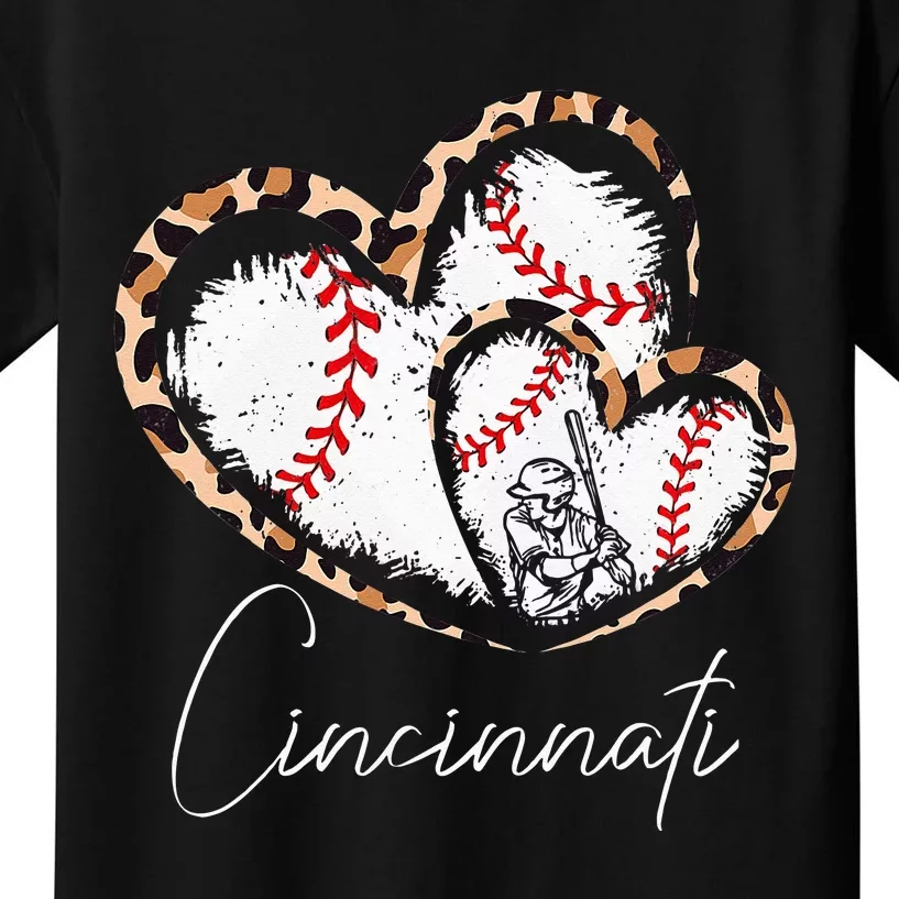 cincinnati baseball leopard heart baseball fans Kids T-Shirt